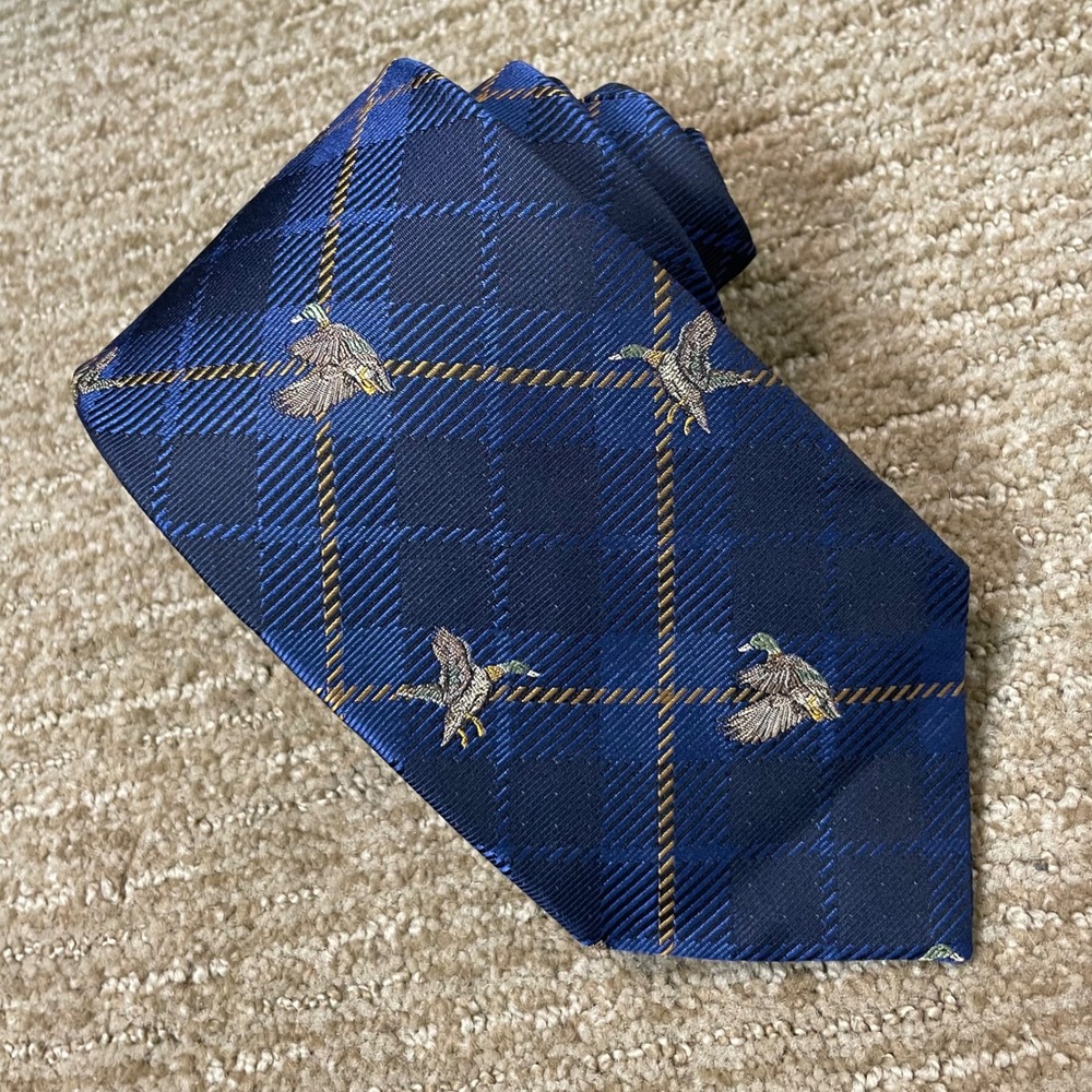 Paul Fredrick Men's Italian Silk‎ Hand Tailored Necktie Blue Plaid Duck Pattern
